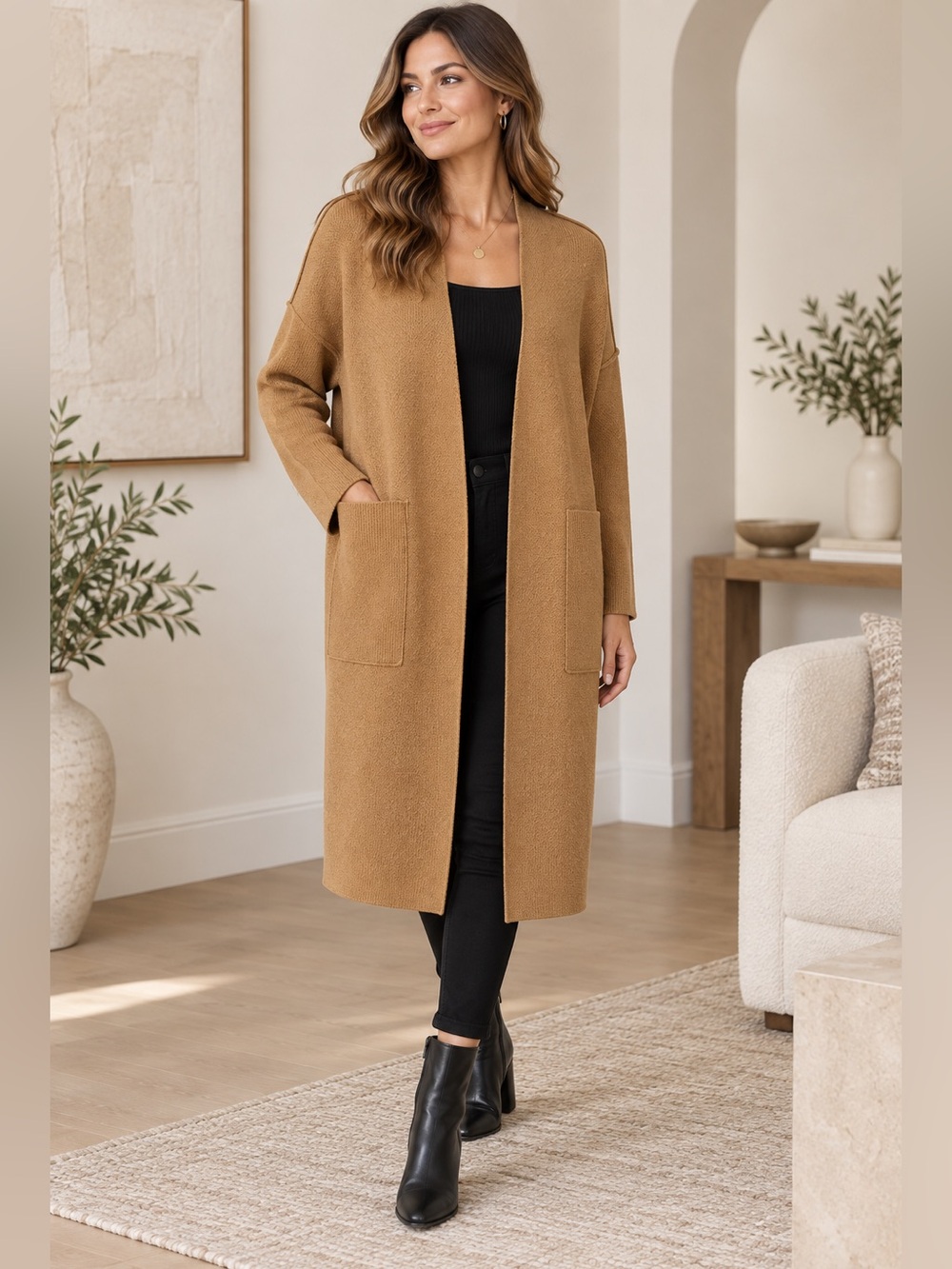 Lulus Camel Longline Open Front Cardigan Sweater Side Entry Pockets Size L